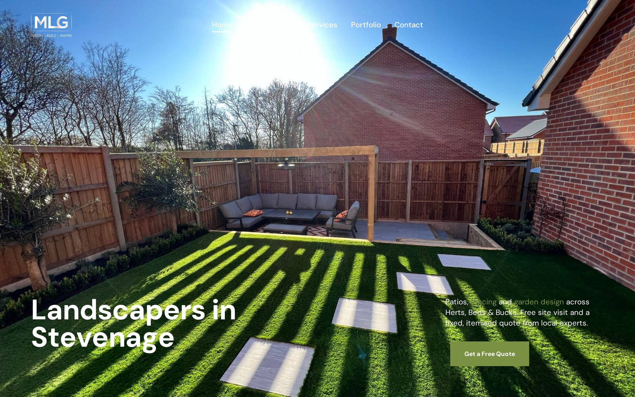 MLG Garden Works homepage showing the MLG logo and the Landscapers in Stevenage headline