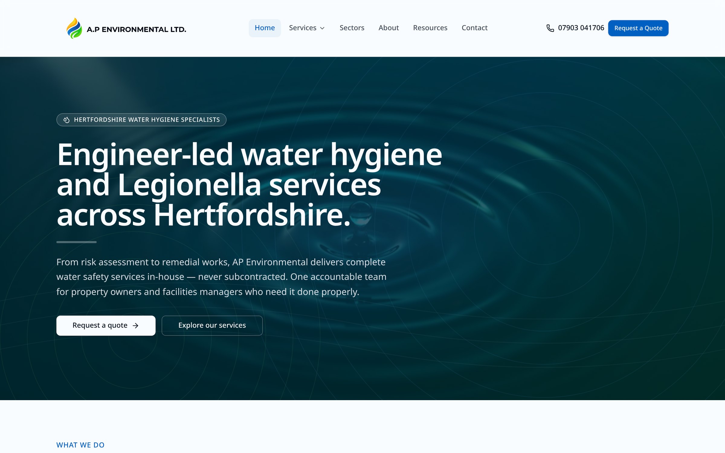A.P Environmental homepage showing the company logo, contact number and hero headline