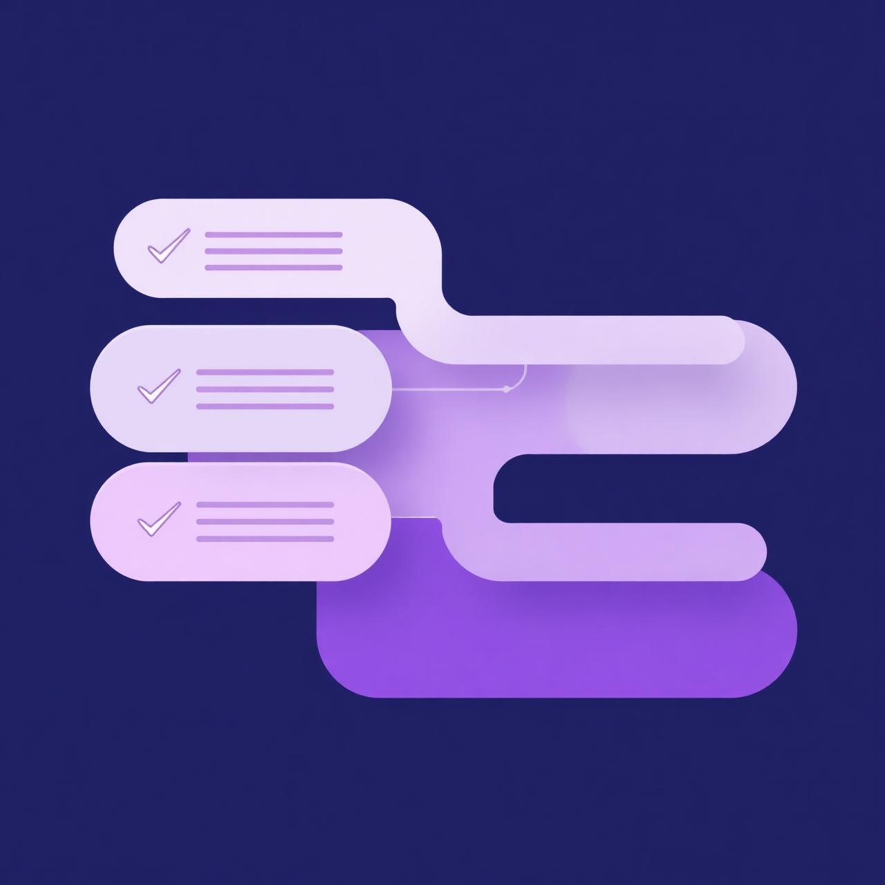 Stylised checklist cards connected by gentle arrows in soft purple tones