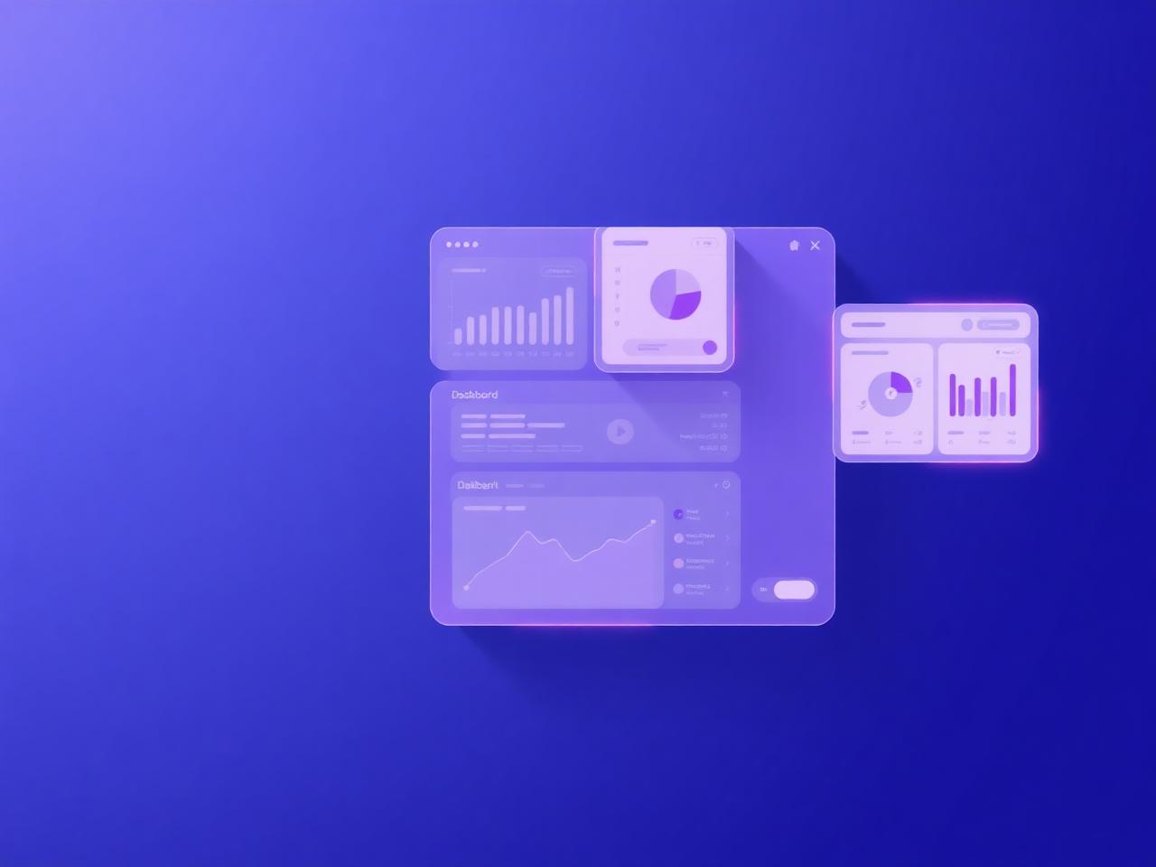 Translucent dashboard panels and app windows with subtle purple glow