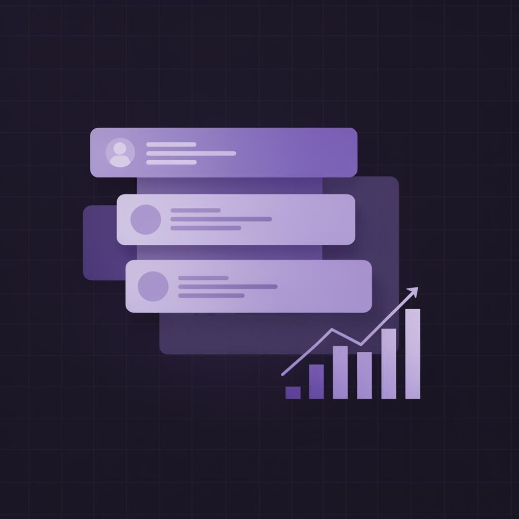 Stacked search result cards with a rising ranking chart, in soft purple tones