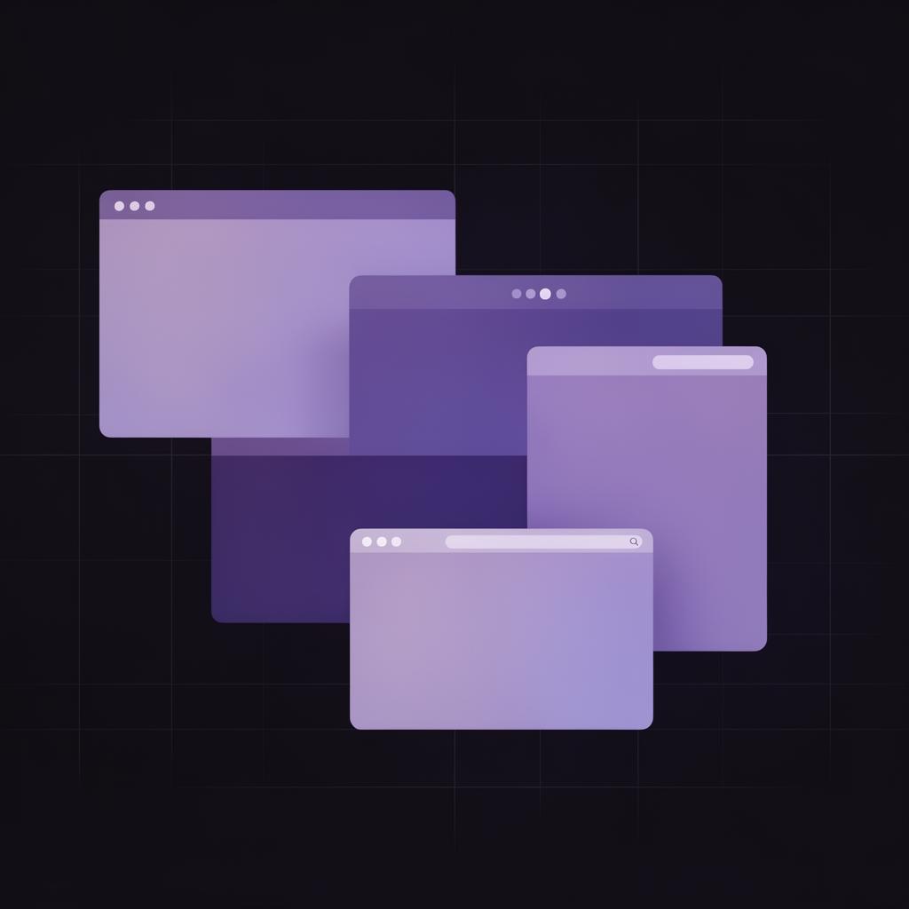 Layered browser windows in soft purple tones